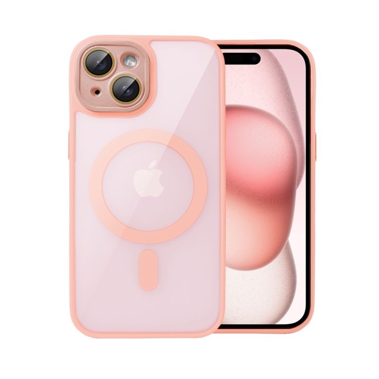 etui do iphone 15 magsafe clear color cienkie z kolorową ramką i ochroną aparatu, piaskowy róż