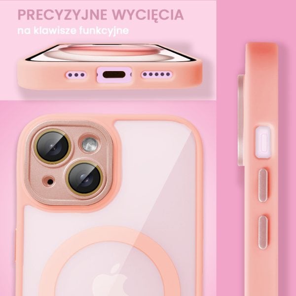 etui do iphone 15 magsafe clear color cienkie z kolorową ramką i ochroną aparatu, piaskowy róż