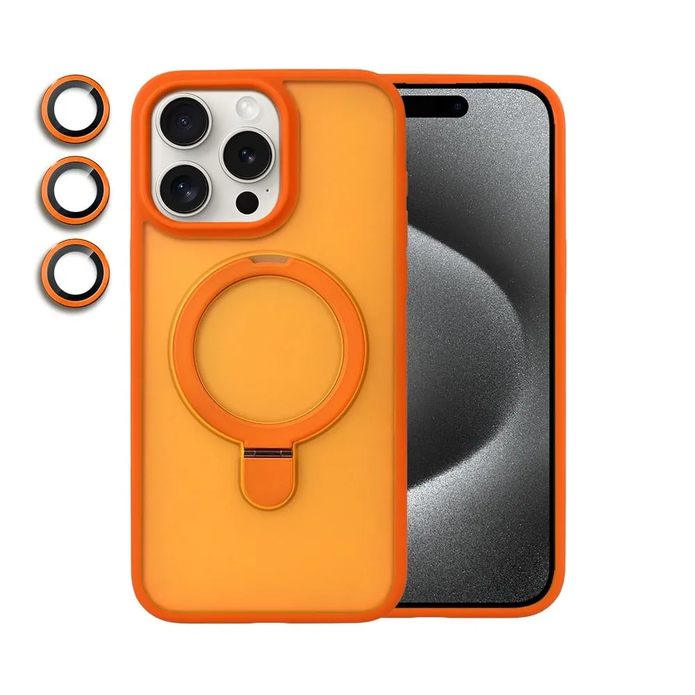 Etui do iPhone 15 Pro Frosted Armor Stand 3w1 z podstawka i ochrona aparatu, pomarańczowe