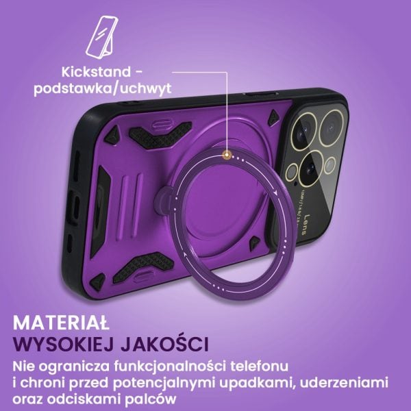 etui do iphone 15 pro max magsafe camera beam stand pancerne, osłona kamery z podstawką, fioletowe