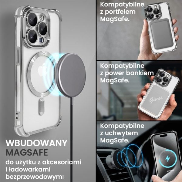 etui do iphone 15 pro max magsafe luxury anti shock lens protect, srebrne