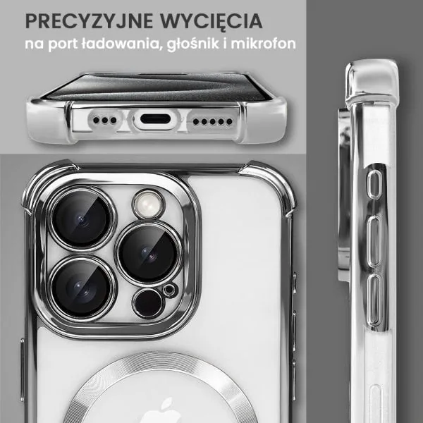 etui do iphone 15 pro max magsafe luxury anti shock lens protect, srebrne