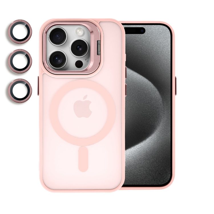 etui do iphone 15 pro max arctic stand, półprzeźroczyste, z osłoną aparatu i podstawką, różowe