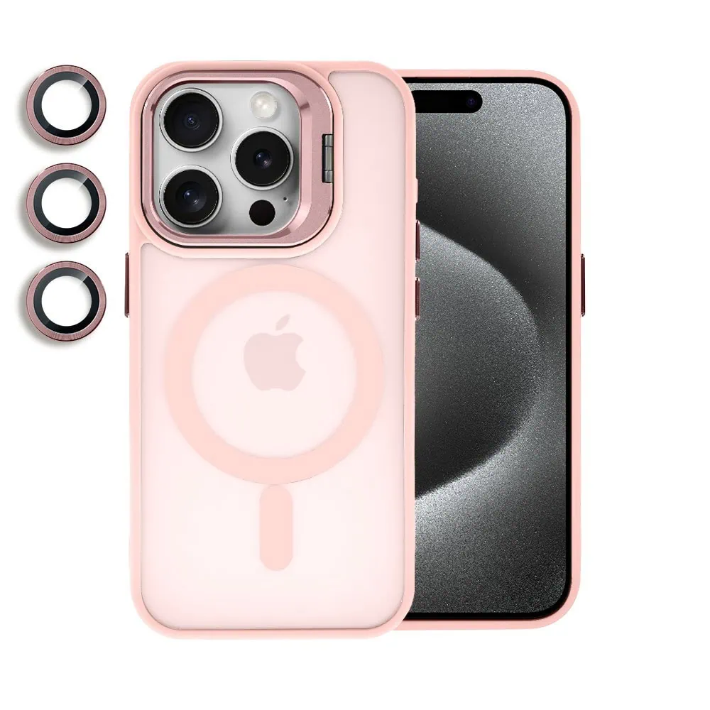 Etui do iPhone 15 Pro Arctic Stand, półprzeźroczyste, z osłoną aparatu i podstawką, różowe