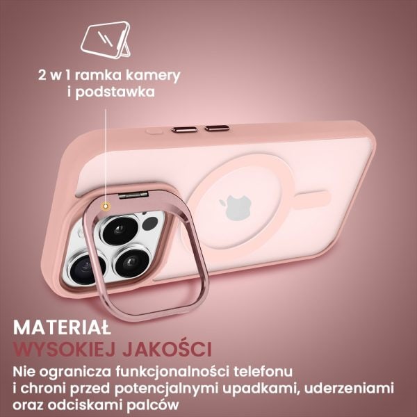 etui do iphone 15 pro max arctic stand, półprzeźroczyste, z osłoną aparatu i podstawką, różowe