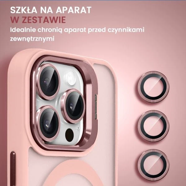 etui do iphone 15 pro max arctic stand, półprzeźroczyste, z osłoną aparatu i podstawką, różowe