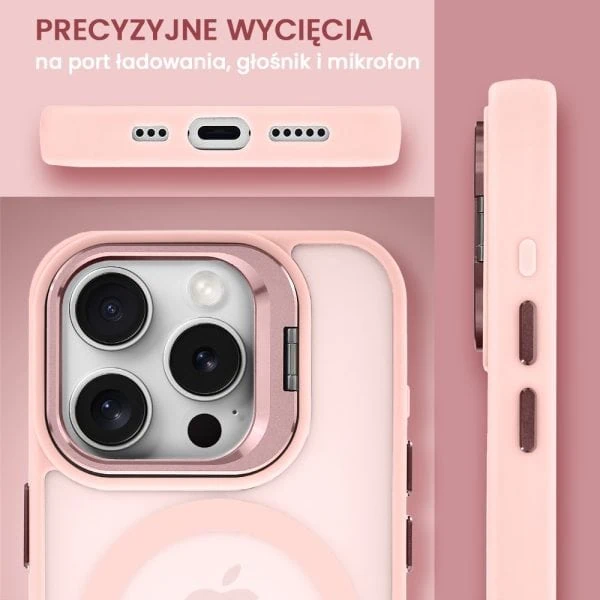 etui do iphone 15 pro max arctic stand, półprzeźroczyste, z osłoną aparatu i podstawką, różowe