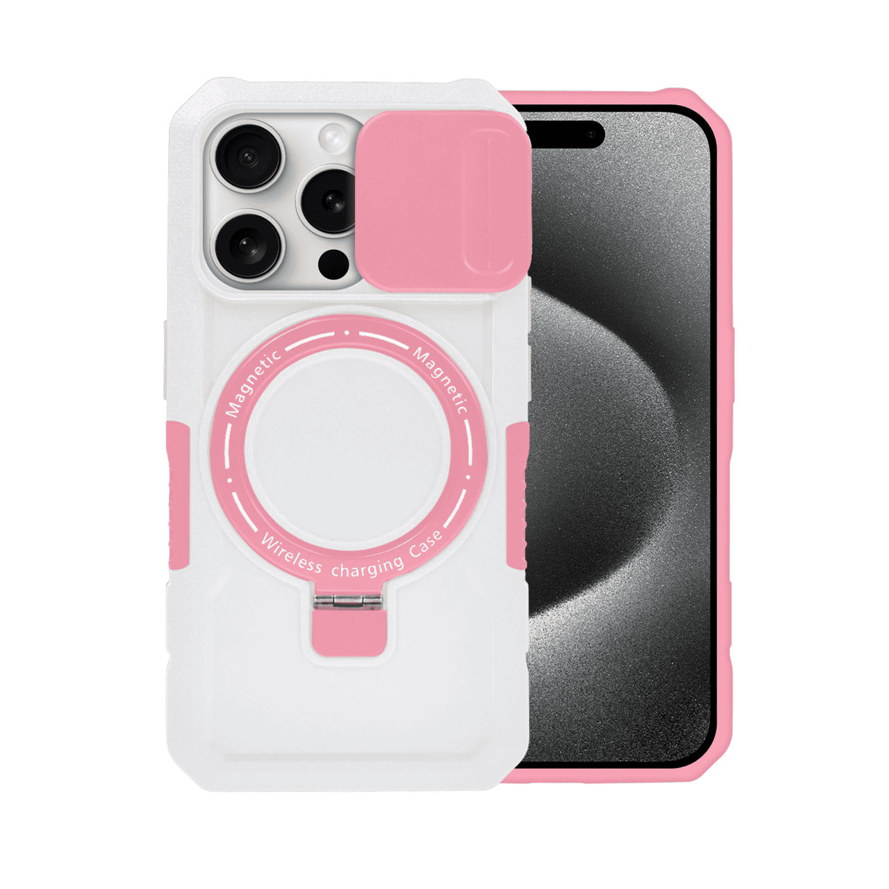 etui do iphone 15 pro magsafe slide camera stand pancerne, osłona kamery z podstawką, biało różowe