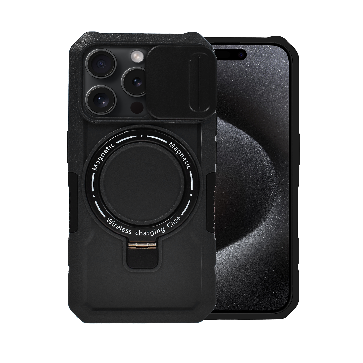 etui do iphone 15 pro max magsafe slide camera stand pancerne, osłona kamery z podstawką, czarne