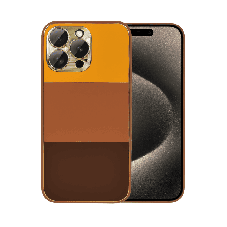 etui do iphone 15 pro max tricolori eleganckie ze złotą osłoną kamery oraz zdobieniami, głębia brązu