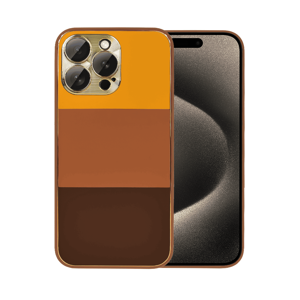 Etui do iPhone 15 Pro Tricolori eleganckie ze złotą osłoną kamery oraz zdobieniami, głębia brązu