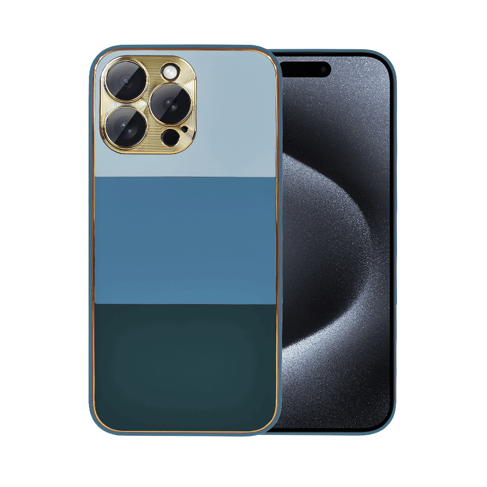 Etui do iPhone 15 Pro Max Tricolori eleganckie ze złotą osłoną kamery oraz zdobieniami, błękit morza