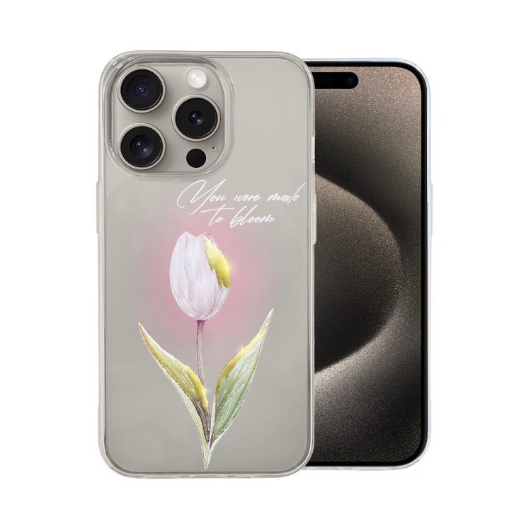 etui do iphone 15 pro, przeźroczyste, tulipan ze złotym zdobieniem i napisem