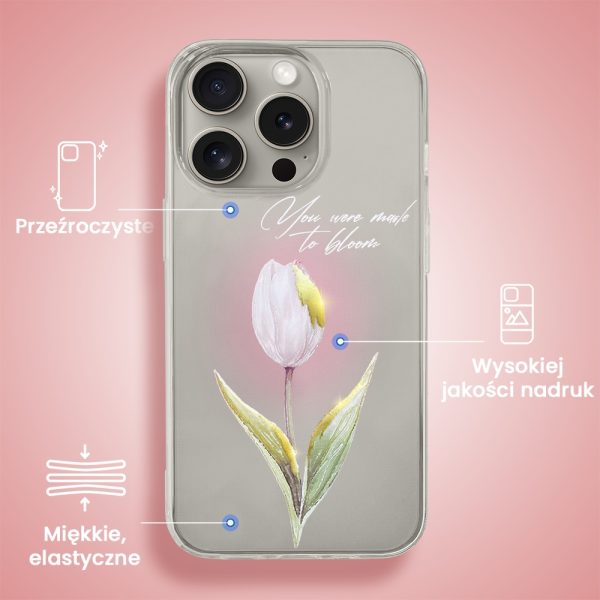 etui do iphone 15 pro, przeźroczyste, tulipan ze złotym zdobieniem i napisem