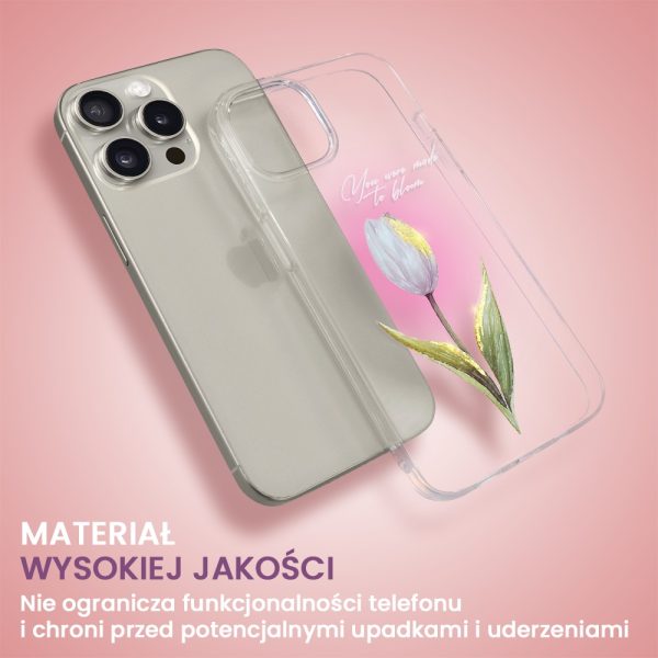 etui do iphone 15 pro, przeźroczyste, tulipan ze złotym zdobieniem i napisem