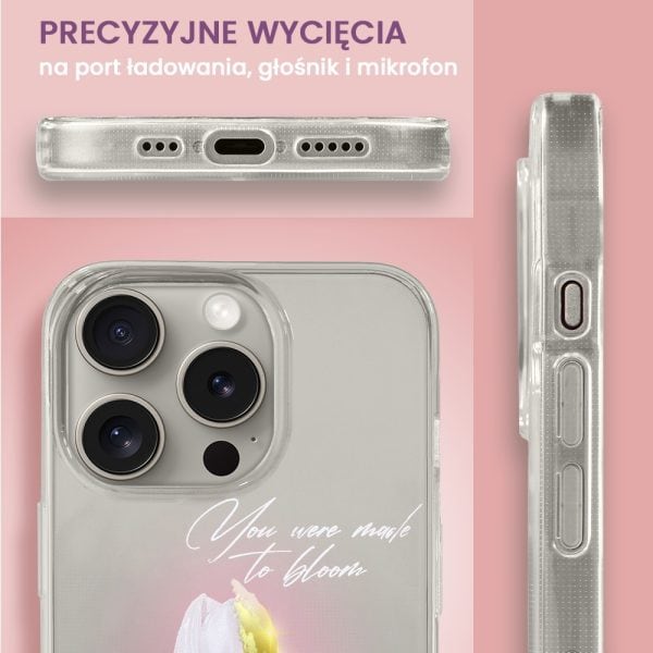 etui do iphone 15 pro, przeźroczyste, tulipan ze złotym zdobieniem i napisem