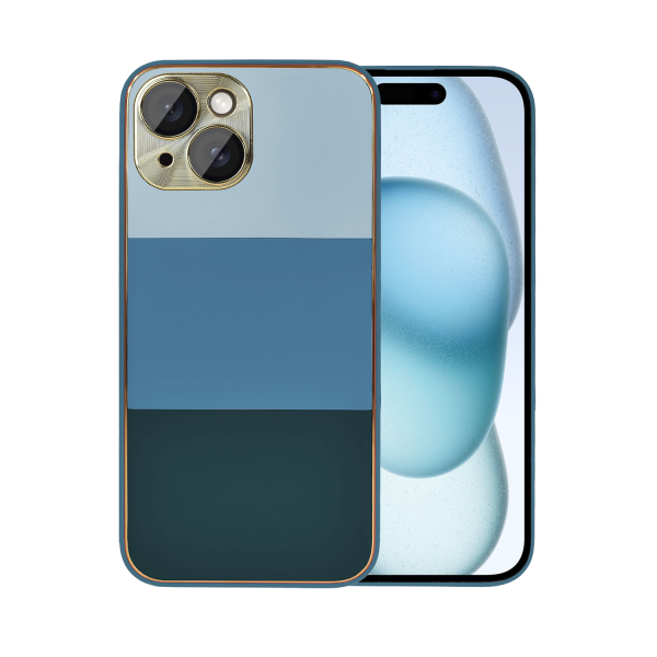 etui do iphone 15 tricolori eleganckie ze złotą osłoną kamery oraz zdobieniami, błękit morza