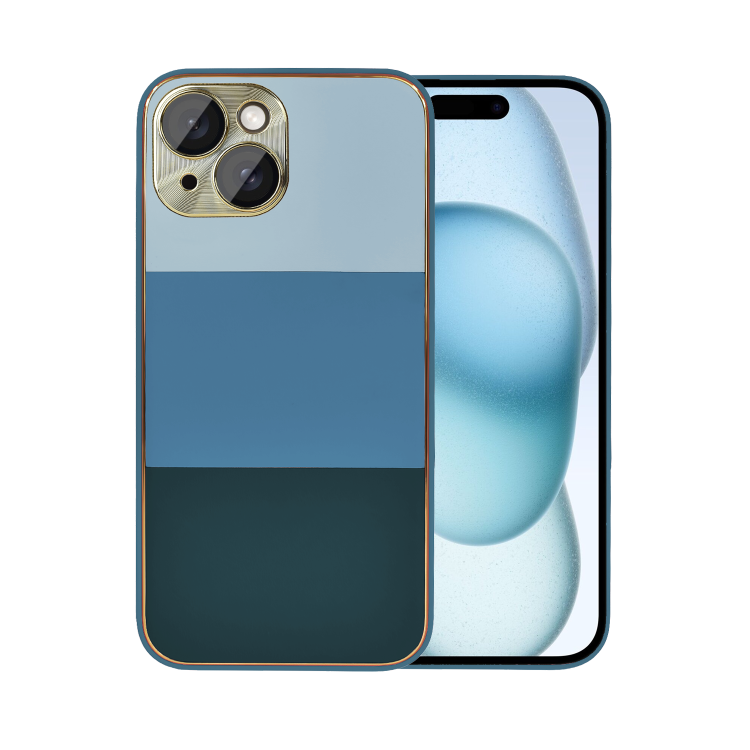 etui do iphone 15 tricolori eleganckie ze złotą osłoną kamery oraz zdobieniami, błękit morza