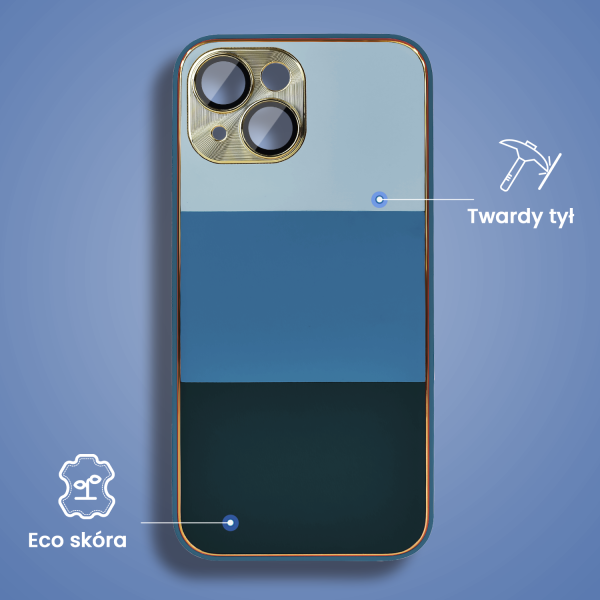 etui do iphone 15 tricolori eleganckie ze złotą osłoną kamery oraz zdobieniami, błękit morza