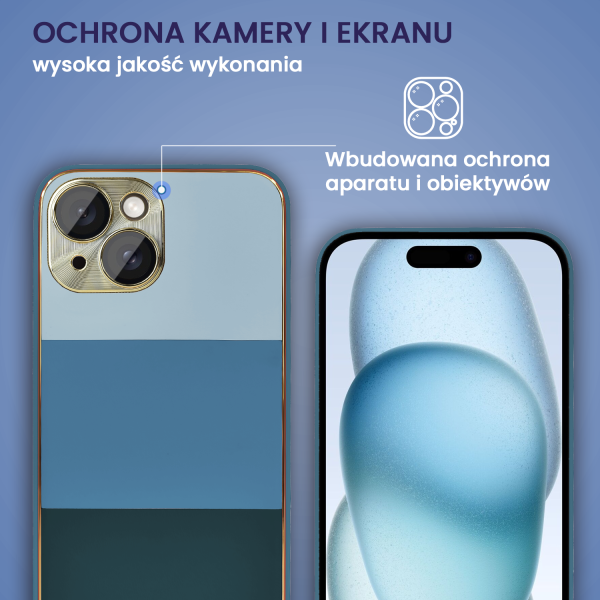 etui do iphone 15 tricolori eleganckie ze złotą osłoną kamery oraz zdobieniami, błękit morza
