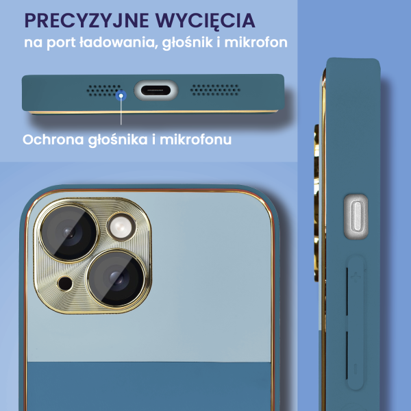 etui do iphone 15 tricolori eleganckie ze złotą osłoną kamery oraz zdobieniami, błękit morza