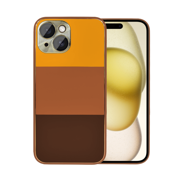 etui do iphone 15 tricolori eleganckie ze złotą osłoną kamery oraz zdobieniami, głębia brązu