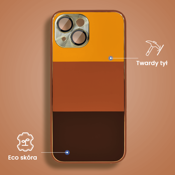 etui do iphone 15 tricolori eleganckie ze złotą osłoną kamery oraz zdobieniami, głębia brązu