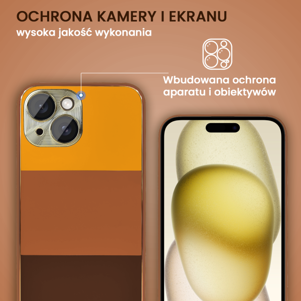 etui do iphone 15 tricolori eleganckie ze złotą osłoną kamery oraz zdobieniami, głębia brązu