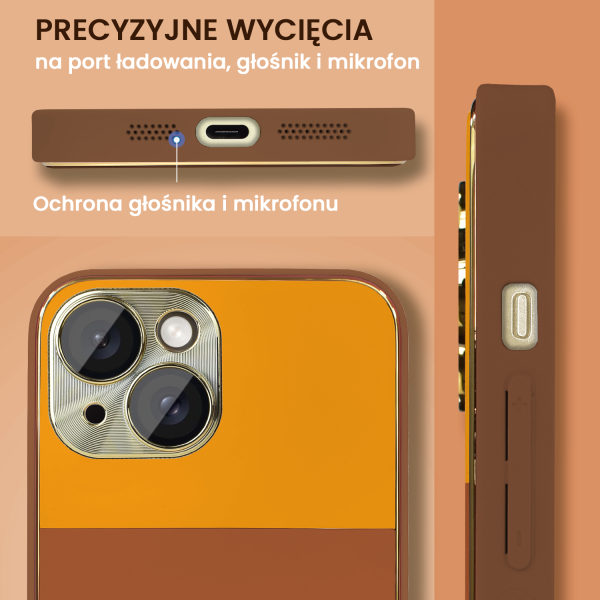 etui do iphone 15 tricolori eleganckie ze złotą osłoną kamery oraz zdobieniami, głębia brązu