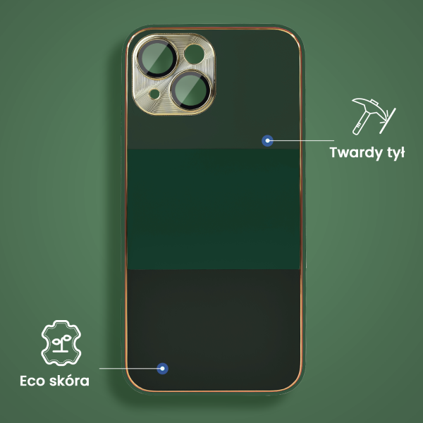 etui do iphone 15 tricolori eleganckie ze złotą osłoną kamery oraz zdobieniami, las nocą