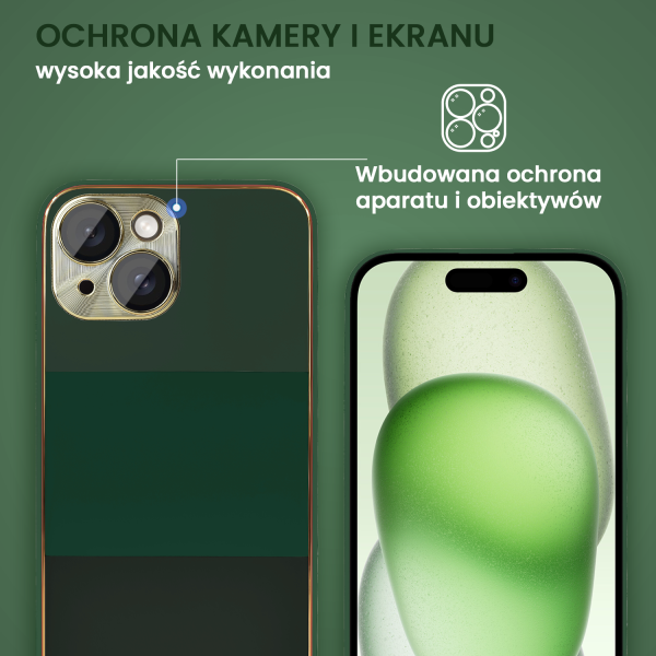 etui do iphone 15 tricolori eleganckie ze złotą osłoną kamery oraz zdobieniami, las nocą