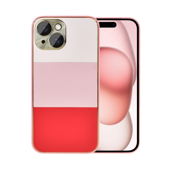 etui do iphone 15 tricolori eleganckie ze złotą osłoną kamery oraz zdobieniami, piękno różu