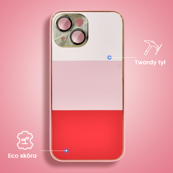 etui do iphone 15 tricolori eleganckie ze złotą osłoną kamery oraz zdobieniami, piękno różu