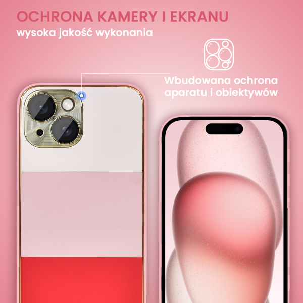 etui do iphone 15 tricolori eleganckie ze złotą osłoną kamery oraz zdobieniami, piękno różu