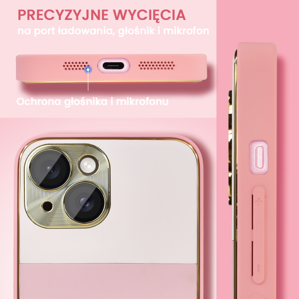 etui do iphone 15 tricolori eleganckie ze złotą osłoną kamery oraz zdobieniami, piękno różu