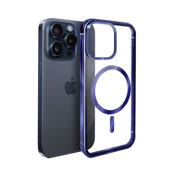 etui do iphone 15 pro, ibizu elite skin cam ring, krystalicznie czyste z metalową ramką, granatowe z magsafe