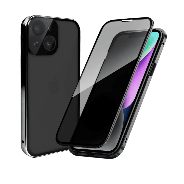 obudowa do iphone 14, pancerna szyba i aluminium 360° przód + tył magnetyczna, z osłoną aparatu i szkłem prywatyzującym, czarna
