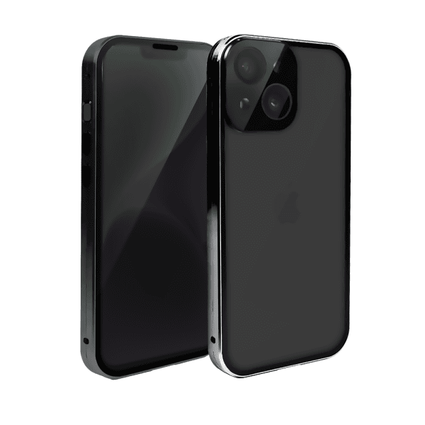 obudowa do iphone 14, pancerna szyba i aluminium 360° przód + tył magnetyczna, z osłoną aparatu i szkłem prywatyzującym, czarna
