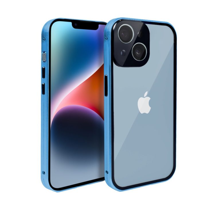 obudowa do iphone 14, pancerna szyba i aluminium 360° przód + tył magnetyczna, z osłoną aparatu, niebieska