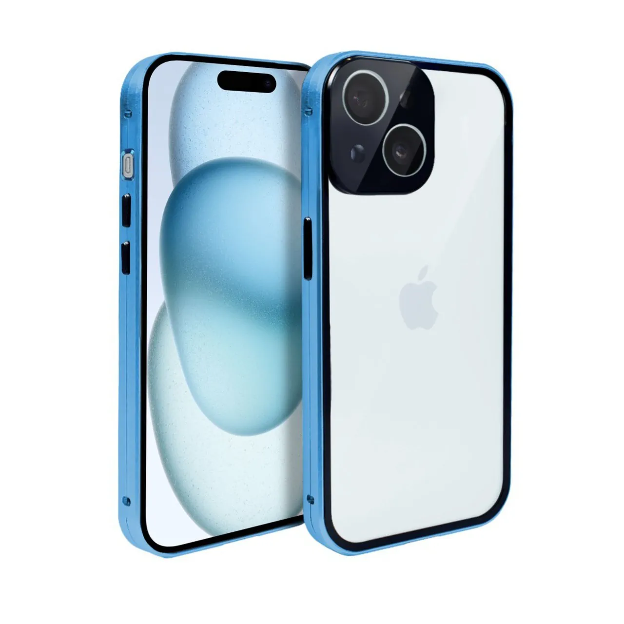 obudowa do iphone 15 plus, pancerna szyba i aluminium 360° przód + tył magnetyczna, z osłoną aparatu, niebieska