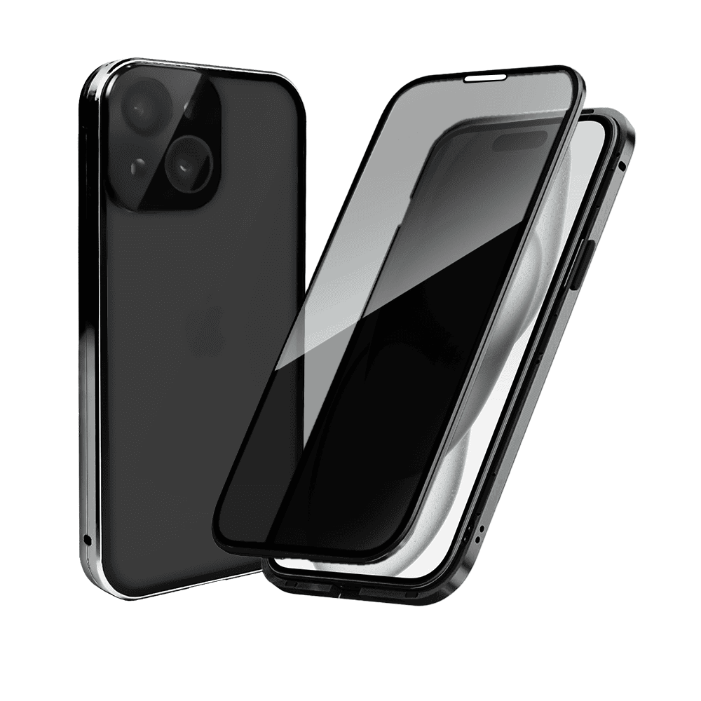 obudowa do iphone 15, pancerna szyba i aluminium 360° przód + tył magnetyczna, z osłoną aparatu i szkłem prywatyzującym, czarna
