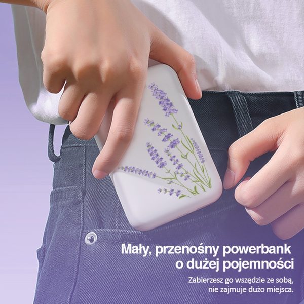 power bank akumulator magsafe 5000mah ładowanie bezprzewodowe iphone 15/14/13/12, wzór lawenda, biały