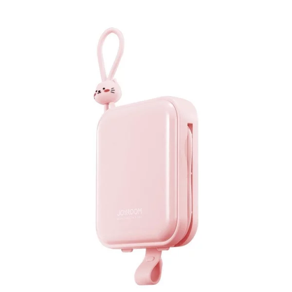 power bank z kablami usb typ c i lightning, 10000 mah, funkcja podstawki, różowy
