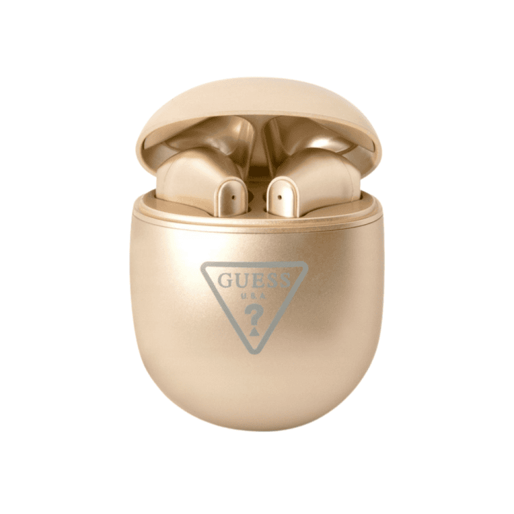 słuchawki guess z funkcją bluetooth i pudełkiem ładującym, złote