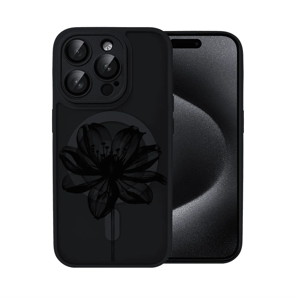 etui do iphone 15 pro color flush z magsafe, z osłoną aparatu, z nadrukiem czarny kwiat, czarne