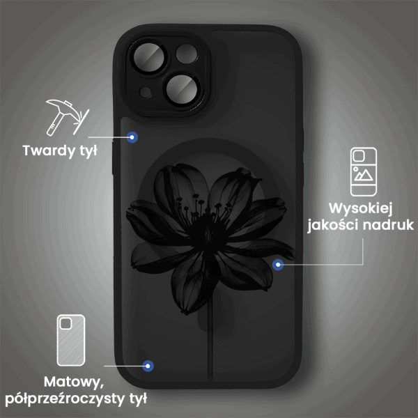 etui do iphone 15 plus color flush z magsafe, z osłoną aparatu, z nadrukiem czarny kwiat, czarne