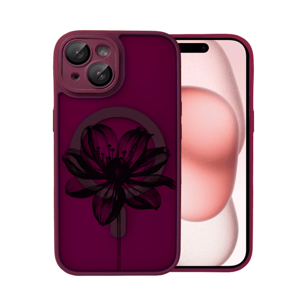 Etui do iPhone 15 Plus Color Flush z Magsafe, z osłoną aparatu, z nadrukiem czarny kwiat, wiśniowe