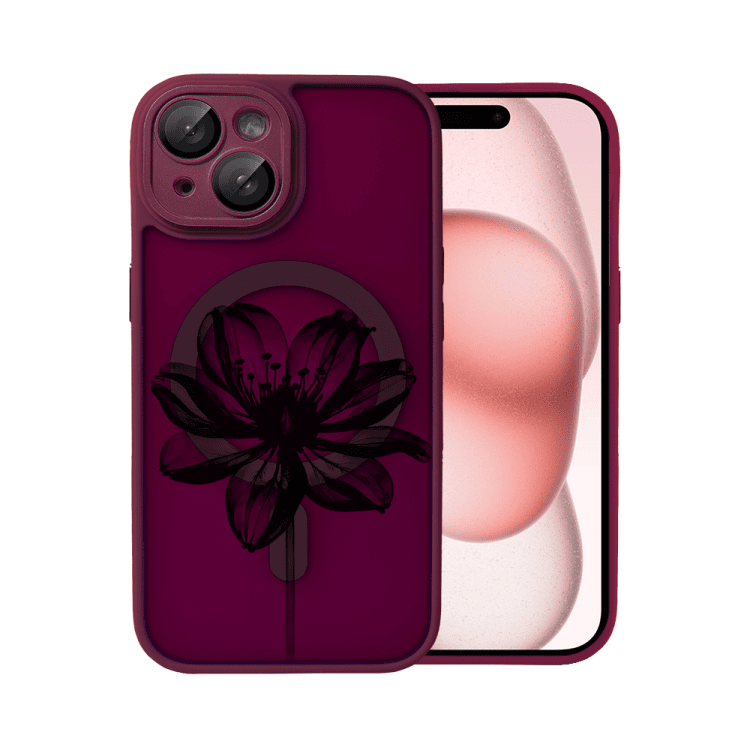 Etui do iPhone 15 Plus Color Flush z Magsafe, z osłoną aparatu, z nadrukiem czarny kwiat, wiśniowe