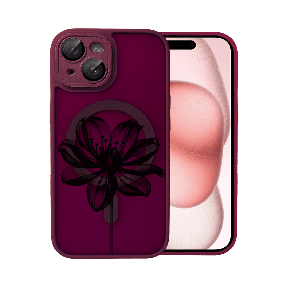 Etui do iPhone 15 Plus Color Flush z Magsafe, z osłoną aparatu, z nadrukiem czarny kwiat, wiśniowe