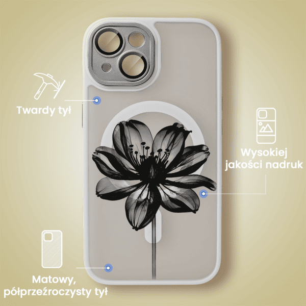 Etui do iPhone 15 Plus Color Flush z Magsafe, z osłoną aparatu, z nadrukiem czarny kwiat, tytanowe